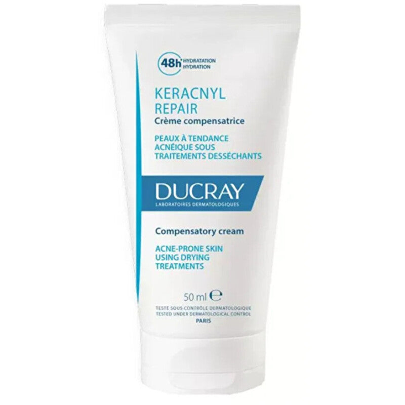 „Ducray Keracnyl Repair“ kompensacinis kremas – drėkinamasis kremas dermatologinio gydymo nualintai odai.