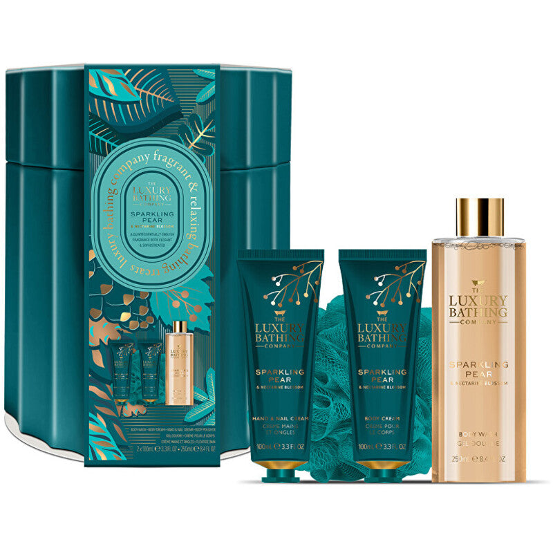 „Luxury Bathing Company“ kūno priežiūros dovanų rinkinys skardinėje dėžutėje (kriaušių ir nektarino žiedų)
