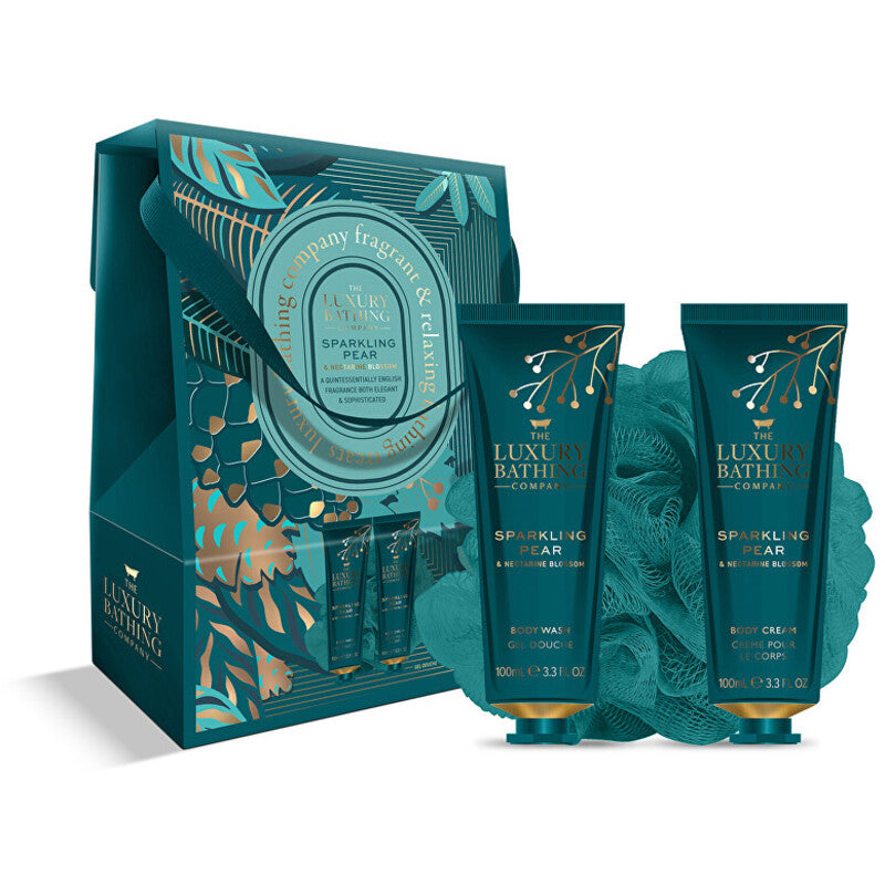 „Luxury Bathing Company“ dovanų dėžutėje sudėtas kūno priežiūros rinkinys (kriaušių ir nektarino žiedų)