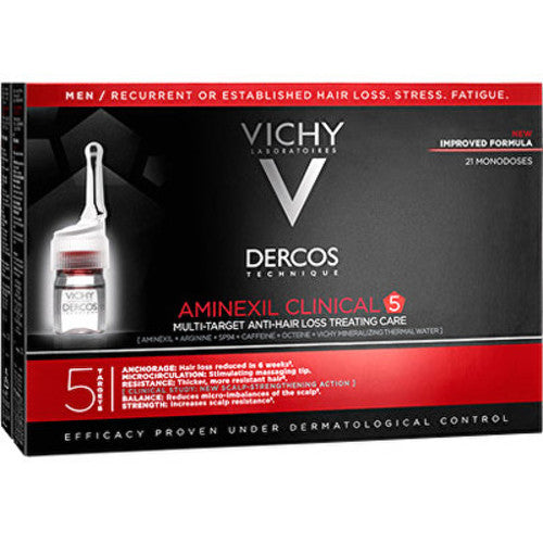 „Vichy Dercos Aminexil Clinical 5“ – daugiafunkcinė priemonė nuo plaukų slinkimo vyrams.