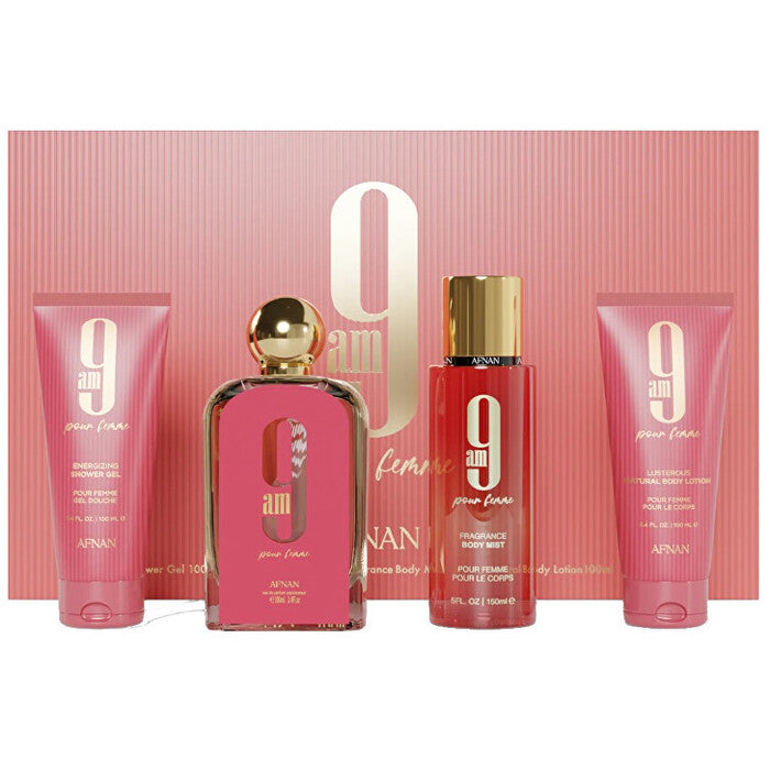 Afnan 9AM Pour Femme dovanų rinkinys EDP 100 ml, dušo gelis 100 ml, kūno dulksna 150 ml ir kūno losjonas 100 ml