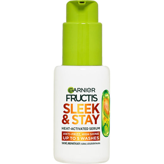 GARNIER Fructis Keratin Sleek šilumos aktyvuojamas serumas – serumas sausiems ir besiveliantiems plaukams.