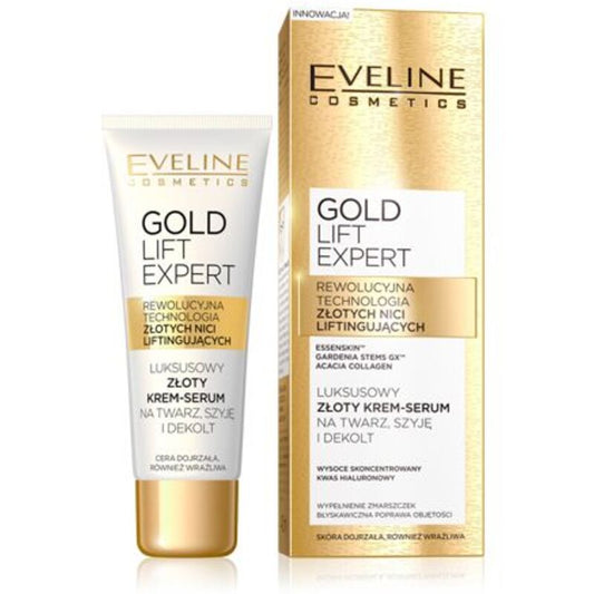 „Eveline Cosmetics Gold Lift Expert“ prabangus auksinis serumas-kremas – stangrinamasis ir liftinguojantis kremas nuo raukšlių.