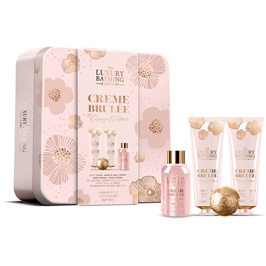 „Luxury Bathing Company“ kūno priežiūros dovanų rinkinys skardinėje (Creme Brulee, apelsinų žiedų ir vanilės)