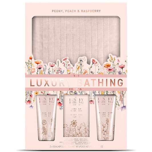 „Luxury Bathing Company“ kūno priežiūros dovanų rinkinys su kosmetine (bijūnų, persikų ir aviečių)