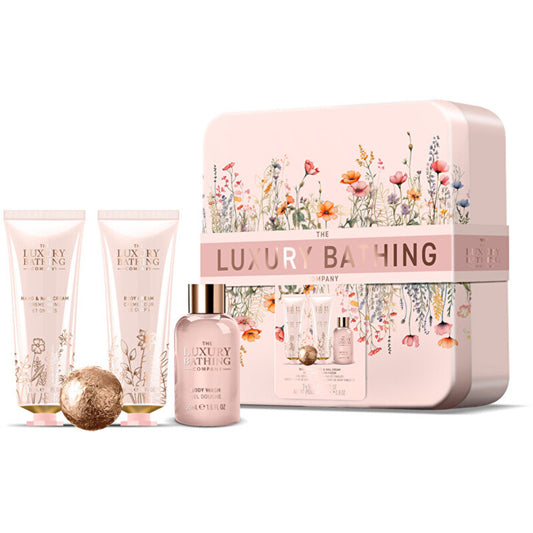 „Luxury Bathing Company“ kūno priežiūros dovanų rinkinys skardinėje (bijūnų, persikų ir aviečių)