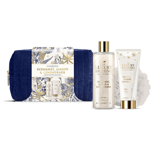 „Luxury Bathing Company“ kūno priežiūros dovanų rinkinys kosmetinėje (bergamotė, imbieras ir citrinžolė)