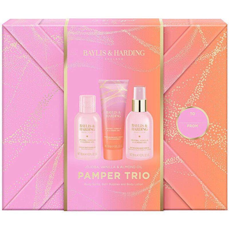 „Baylis & Harding Pamper Trio“ kūno priežiūros rinkinys (simondsijų, vanilės ir migdolų aliejaus)