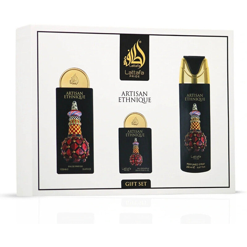 Lattafa Perfumes Artisan Ethnique Dárková sada EDP 100 ml, deospray 200 ml a EDP 20 ml
