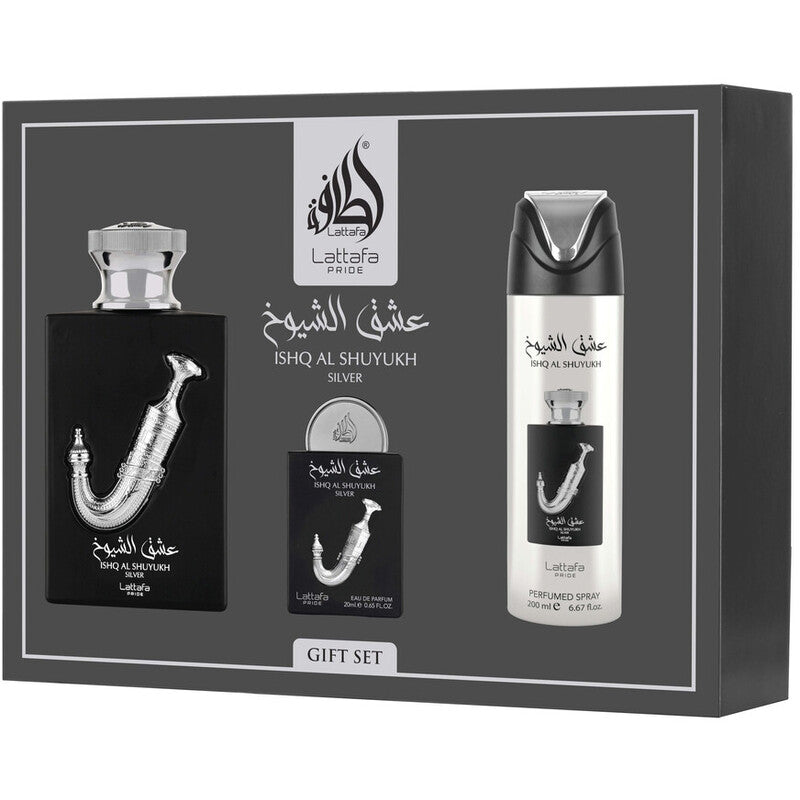 Lattafa Perfumes Ishq Al Shuyukh Silver Dárková sada EDP 100 ml, deospray 200 ml a EDP 20 ml