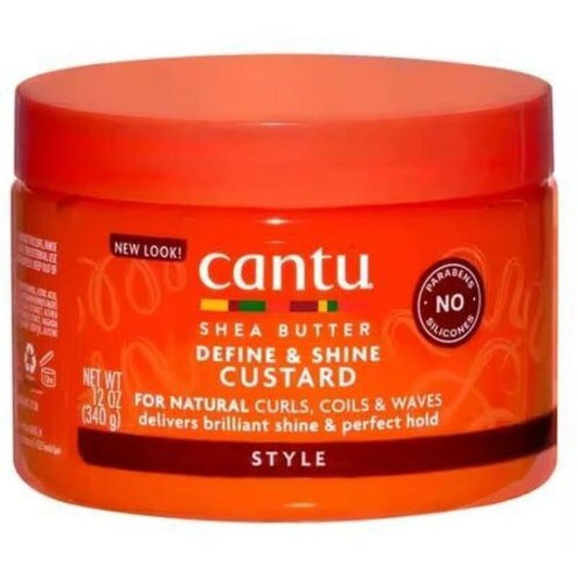Cantu Taukmedžio sviesto „Define & Shine Custard“ formavimo kremas banguotiems ir garbanotiems plaukams suteikti blizgesio.